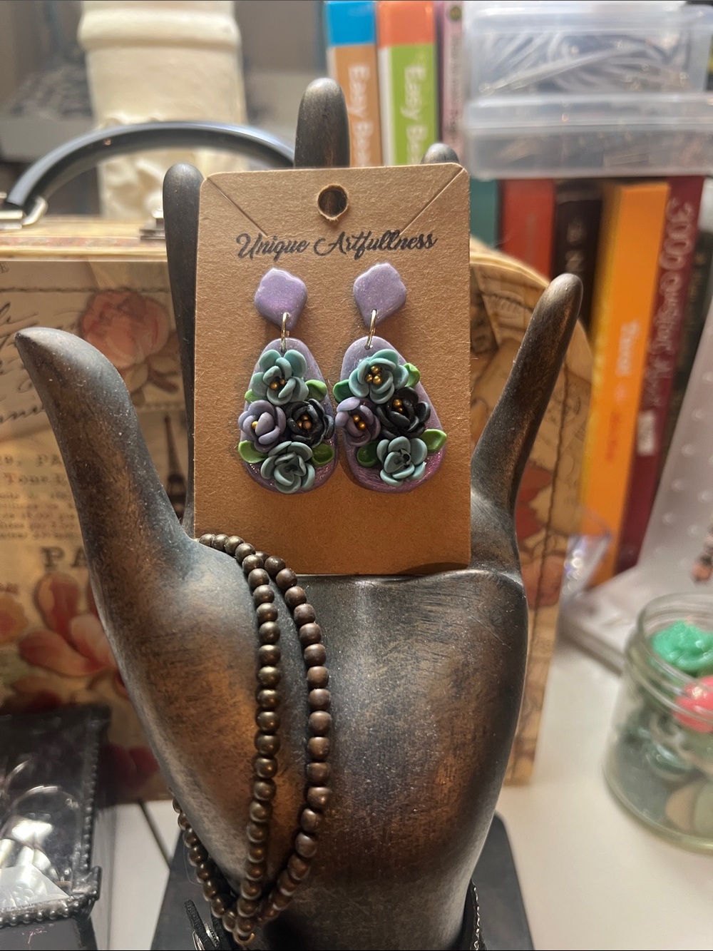 Hand Crafted Lavender and Sage Floral Drop Earrings